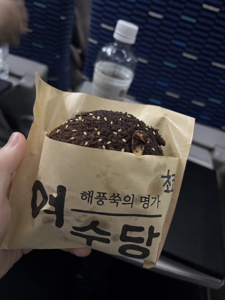 Eating Yeosudang chocolate soboro on the train from Yeosu